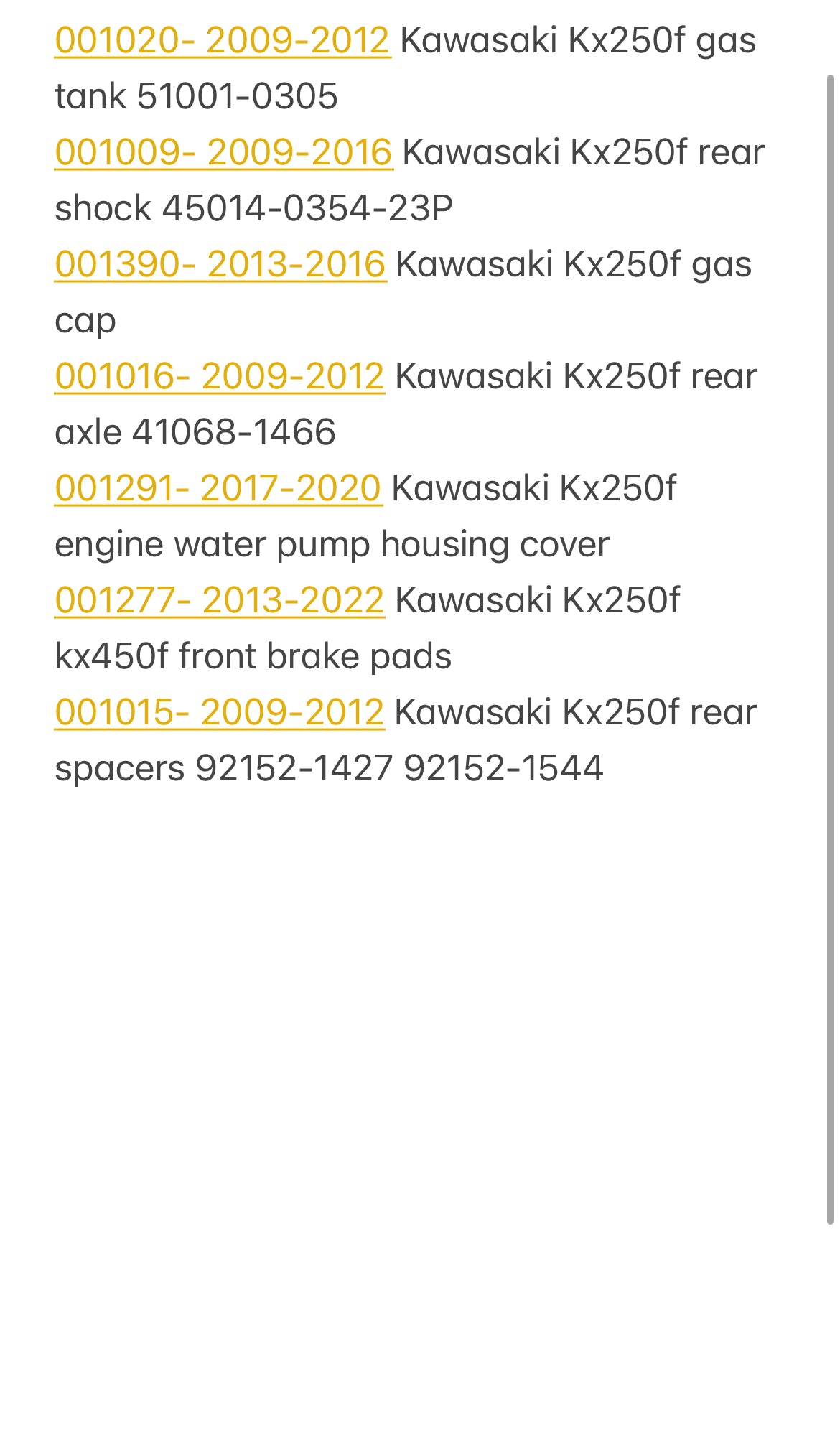 2009-2020 Kawasaki KX250F Mixed Parts Pallet ( BB )