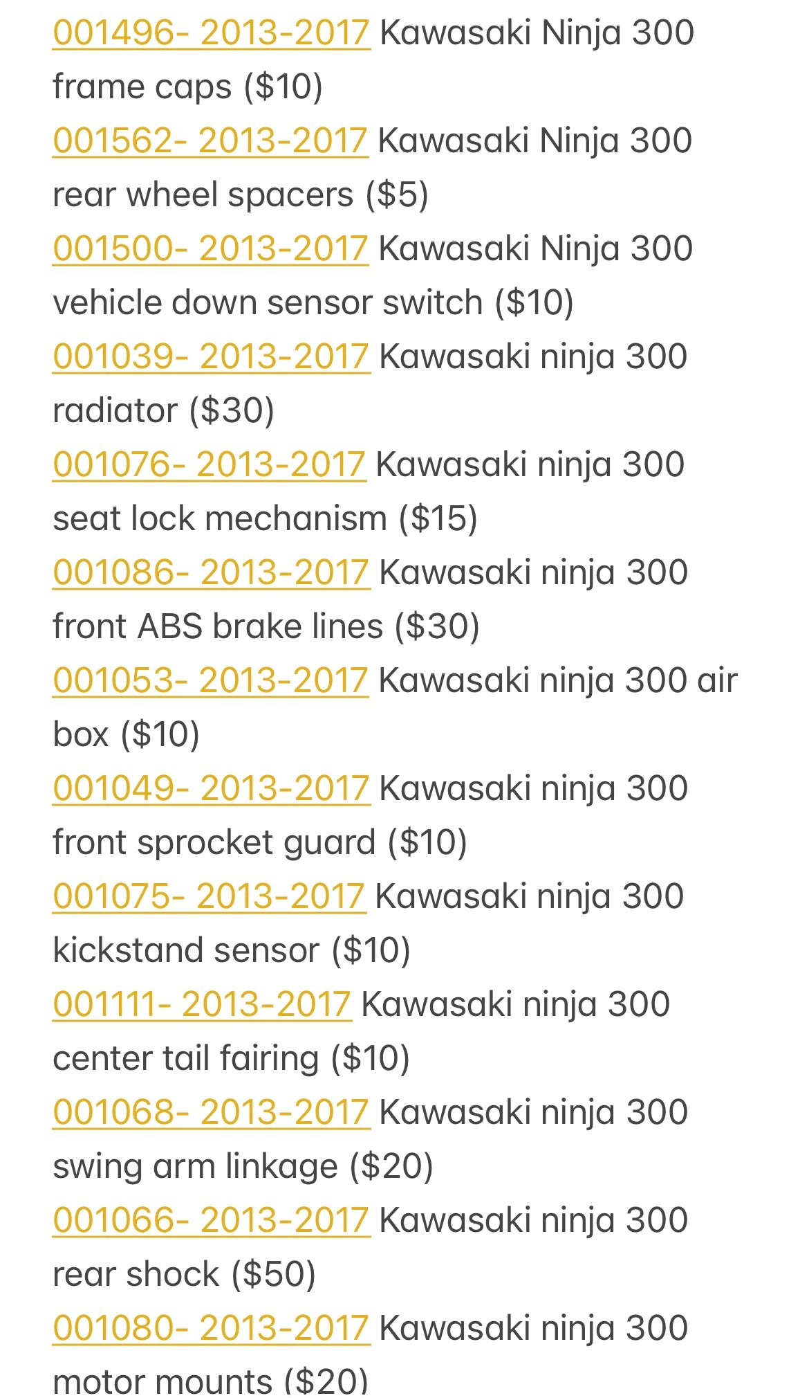 2013-2017 Kawasaki Ninja 300 Parts Pallet ( BB ) 001048