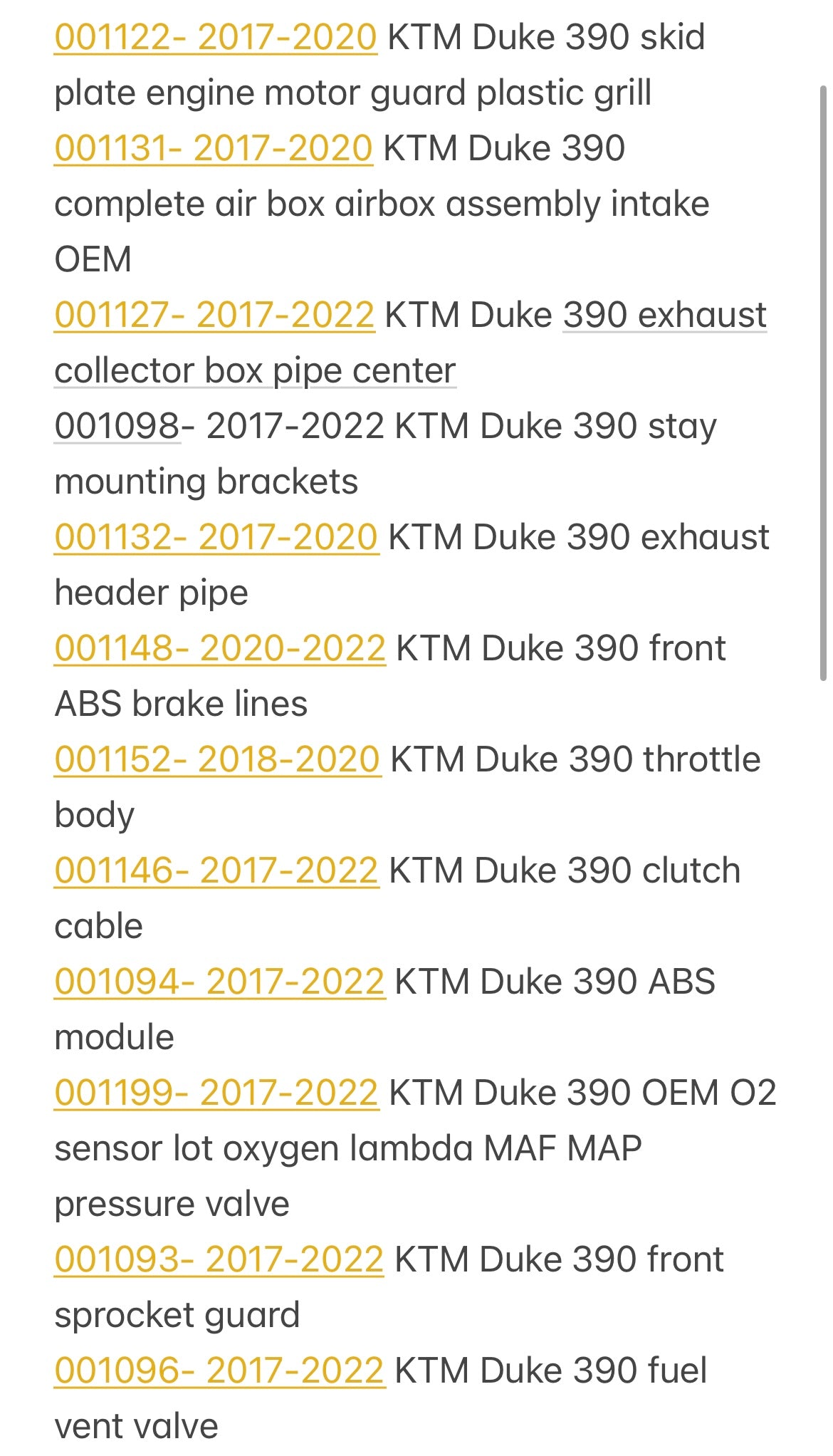 2017-2020 KTM 390 Duke Parts Pallet ( BB )